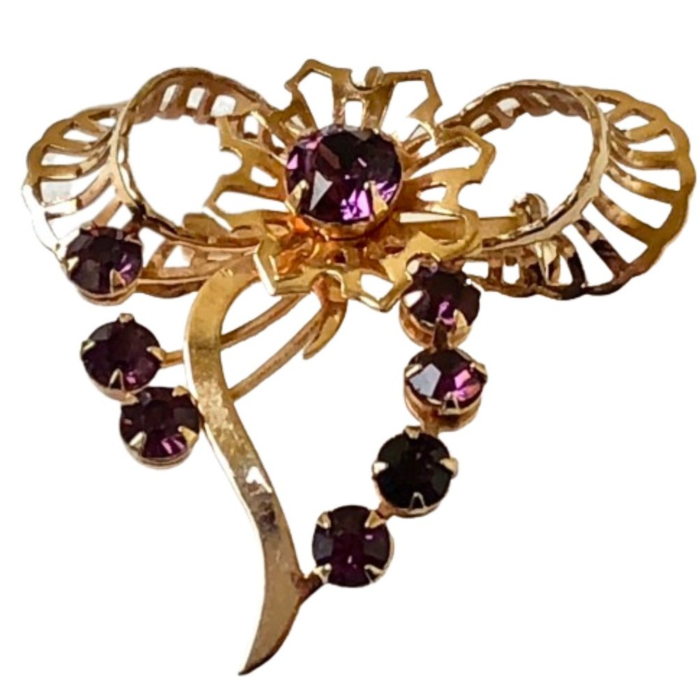 Vintage Brooch OR Pendant Goldtone Flower Bow Prong Set Purple Rhinestones